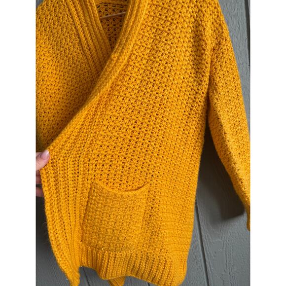 Vintage Hand Knit Chunky Cardigan Sweater Mustard Yellow Open Front Pockets - Picture 4 of 5